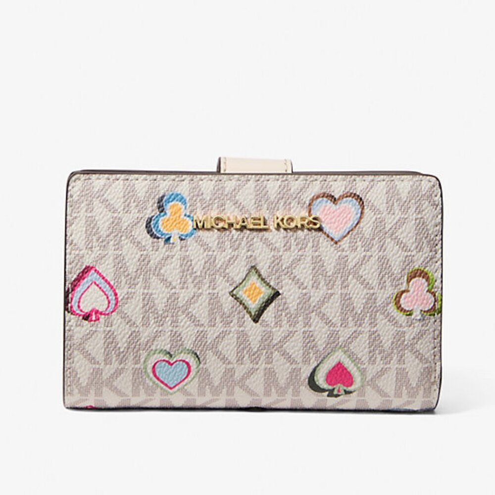 New Michael Kors Jet Set Medium Printed Signature Logo Wallet Light Cream Multi